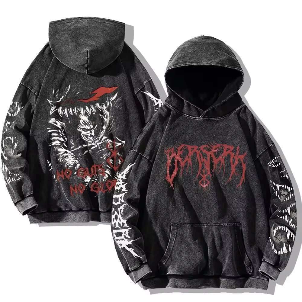 Men's Berserk Hoodie Retro Gothic Printed Washed Hoodie Hip Hop Street Clothing Cotton Sportswear Harajuku Casual Hoodie