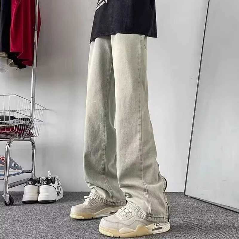 Mens printed denim pants loose straight legs on American streets slightly pleated pants designed with sensitive zipper bootsT250319