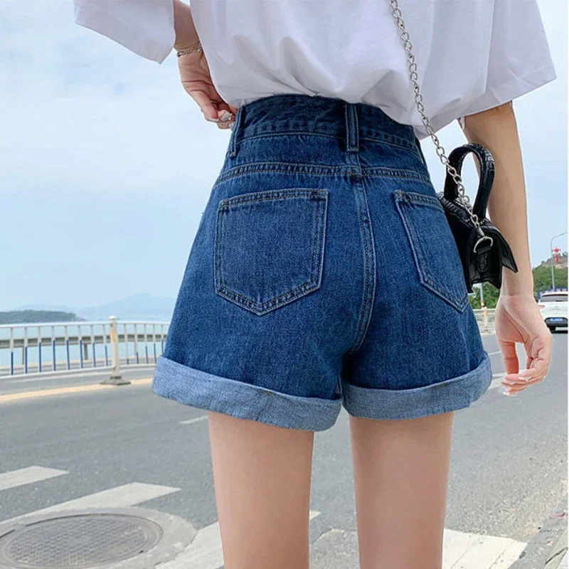 Summer Womens Denim Shorts High Waist Blue Cotton Wide-leg Short Pants s Student Mini Korean Fashion Womens Jean Shorts 250320