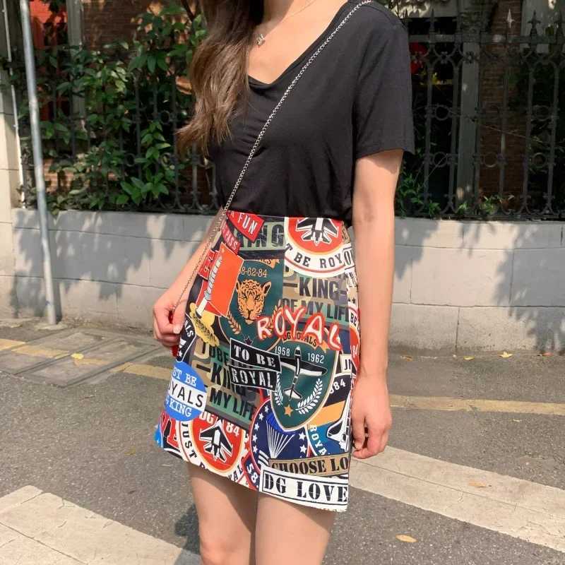 Europe American Grfiti Print Skirt Women Summer High Waist A-line Skirt Wrap Hip Short Personality Ins Trend Dress StreetwearXJ250320