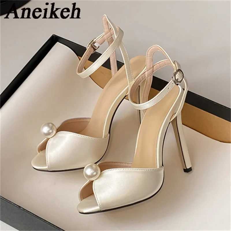 Aneikeh satin bead urine toe pump thin H gladiator Fi ankle strap sandals 2025 wedding bride shoe temperature Y250319