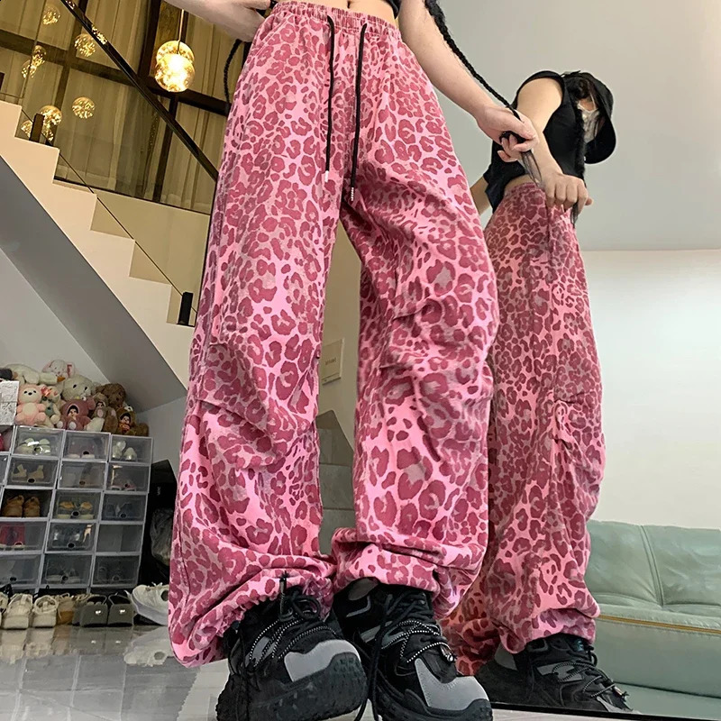 Woman American Streetwear Baggy Y2k Jeans Girls Vintage Harajuku Trousers Female Red Leopard Print Japanese 2000s Wide Leg Pants 250319
