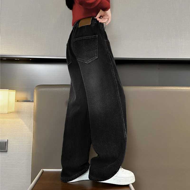 Childrens casual loose straight jeans suitable for girls with wide legs cool jeans children and teenagers spring elastic waist jeans TrouserT2502320