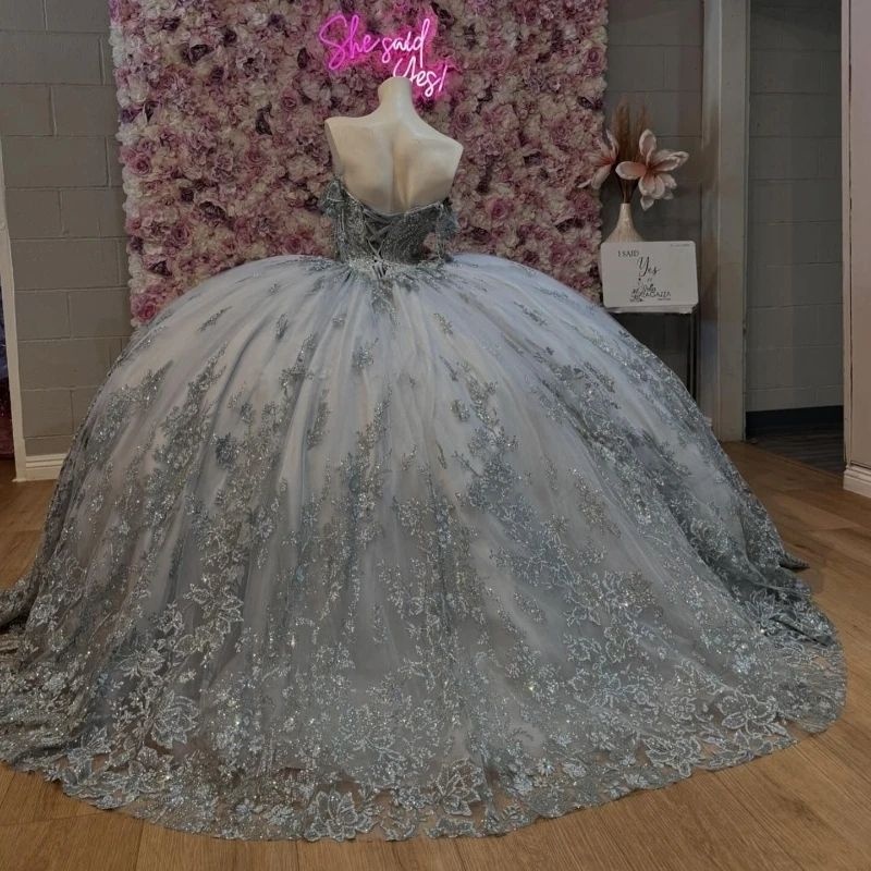 Silvery Mexican Quinceanera Dressess Off The Shoulder Sequin Applique Lace Beads Tull Vestido 15 De Corset Party Lace Up Sweet 16 Dress