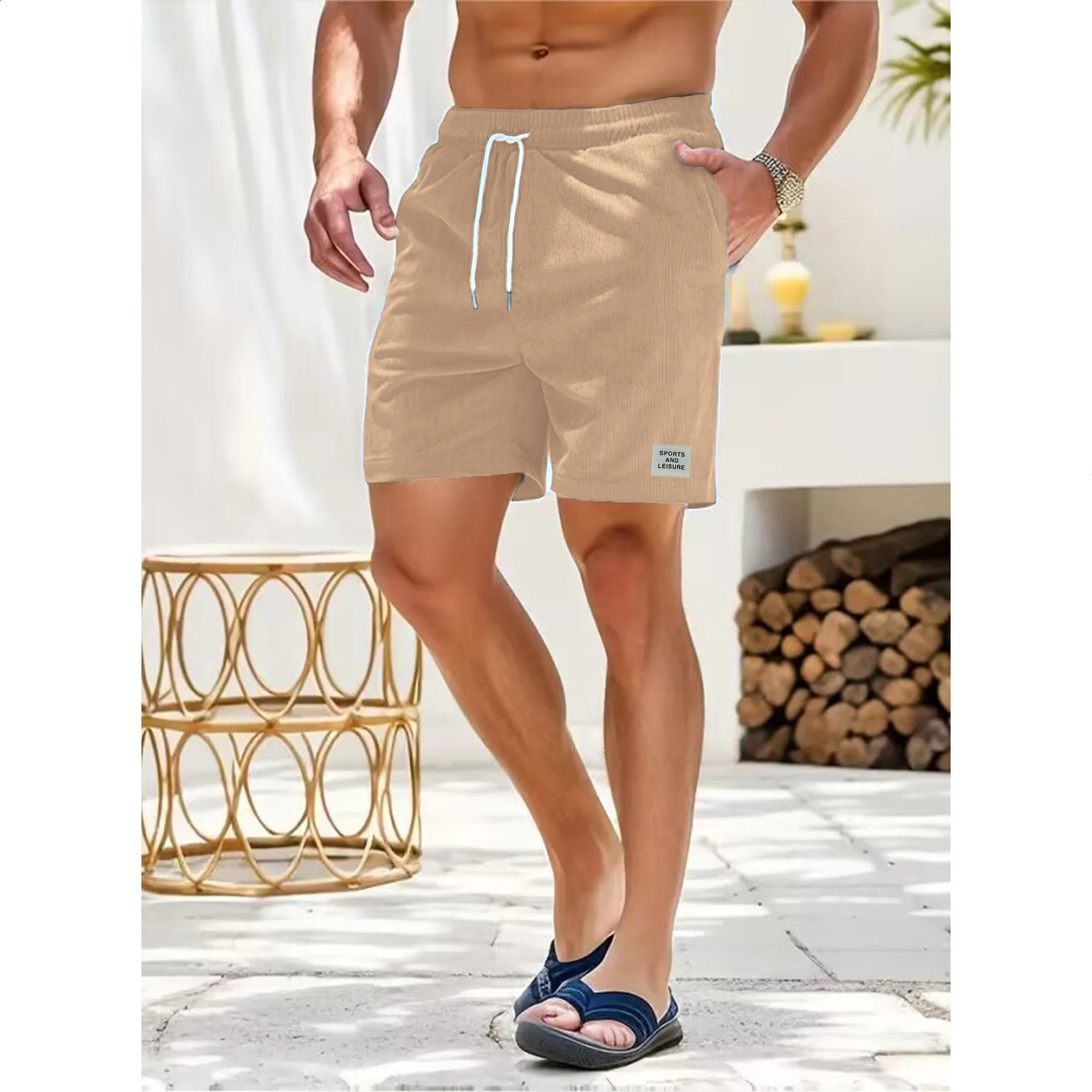 Summer solid color laceup sweatpants corduroy simple quarter shorts mens casual pants 250312