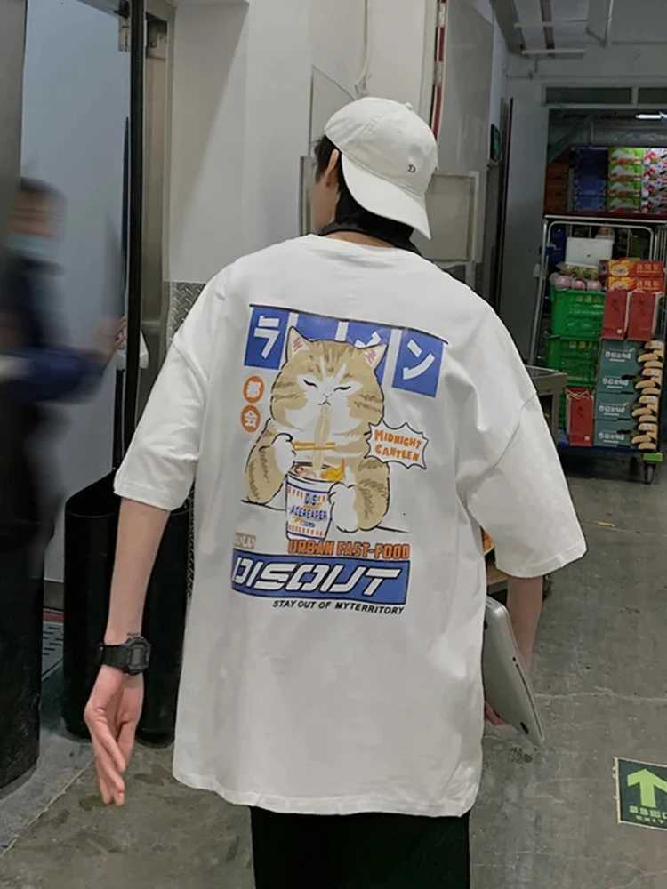 Harajuku cat cartoon noodle graphic mens T-shirt casual short sleeved T-shirt Japanese style oversized T-shirtT250319