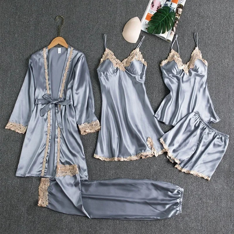 Sleepwear With Lace Women Pajamas Set Sexy 5 Pieces Dress Suit Kimono Gown Loungewear Vneck Bathrobe Lingerie Nightwear 250320