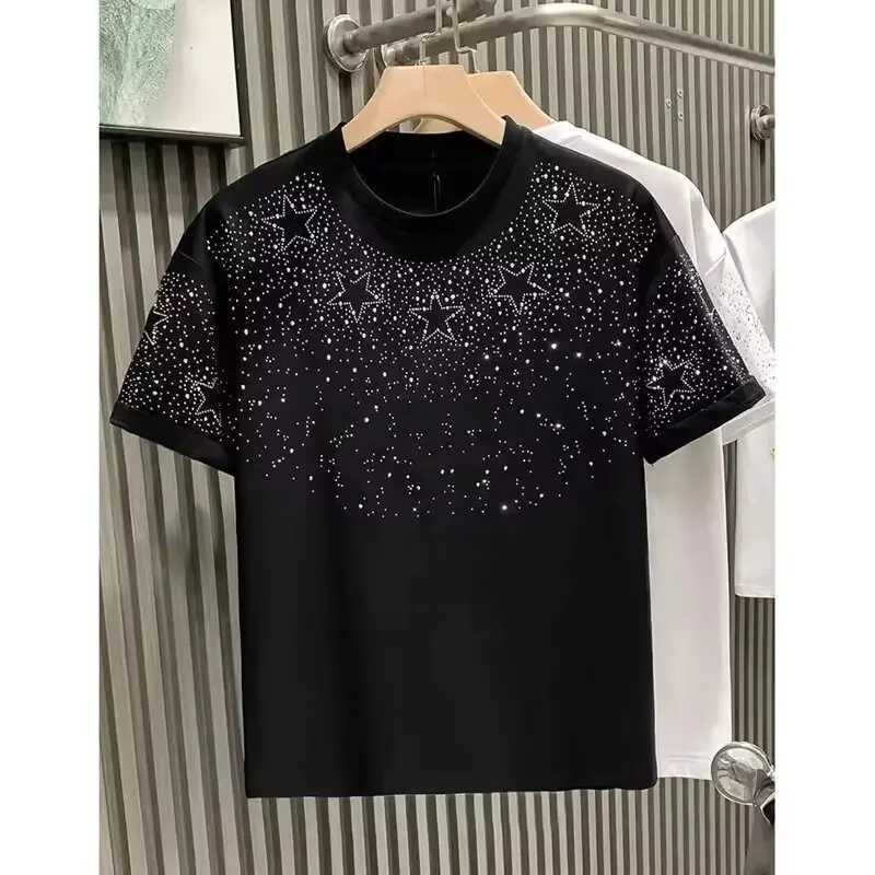 Fashion Trends European Style Luxury Mens Short Sleeve T-shirt Star Embroidery Diamond Mesh Dividend Base Half Sleeve T-shirtT250319