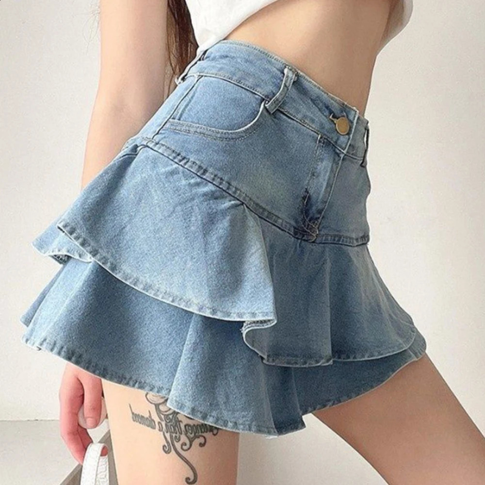 Retro denim tight shorts for womens summer Korean fashion high waisted A-line washed blue ultra-thin cute and sexy mini jeans with ruffled leather for