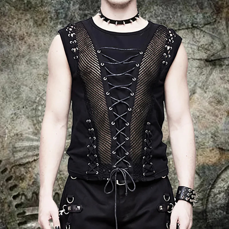 Summer Fashion Rock Punk Sleeveless T-shirt Hollow Belt Mens Tank Top Sexy Performance Transparent Tank Top 250318