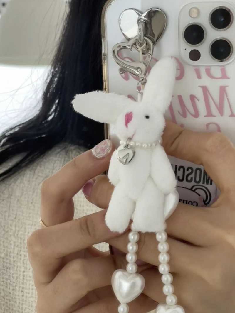Y2K Handmade Pink Rabbit Keychain Love Heart Beaded Key Ring Plush Doll Backpack Pendant Lobster Clasp Buckle Key Chains GiftsXJ250319
