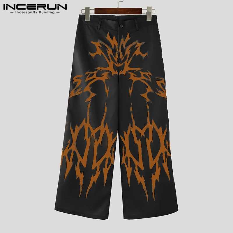 INCERUN Mens Street Loose Pants 2024 Casual Printed Wide Legs Trouser Gradient Pattern Mens Button BottomT250319