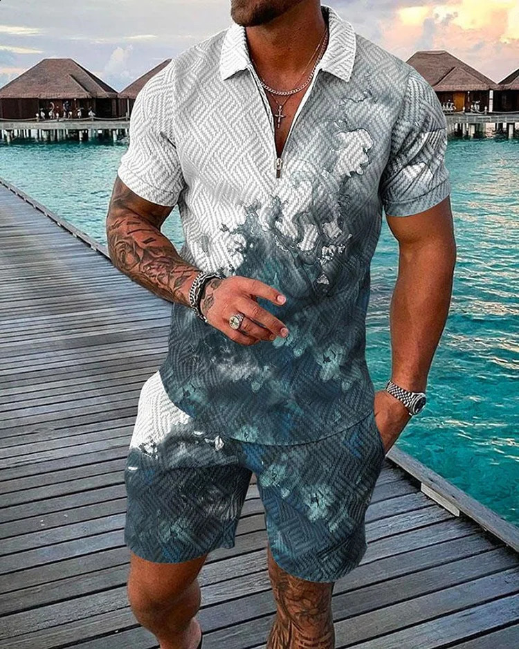 Summer trend printed mens track set casual zipper collar polo shirtshorts 2-piece set color printed streetwear mens clothing 250318