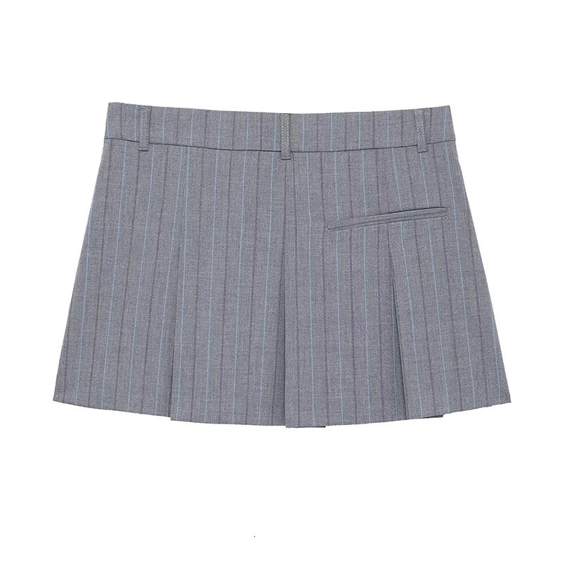 Willshela Women Fashion Grey Striped Side Zipper A-Line Mini Skirt Vintage High Waist Female Chic Lady Skirts 250320