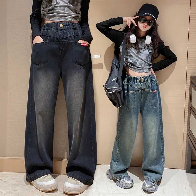Girls wide leg jeans spring new childrens straight denim pants loose buttonsT250326
