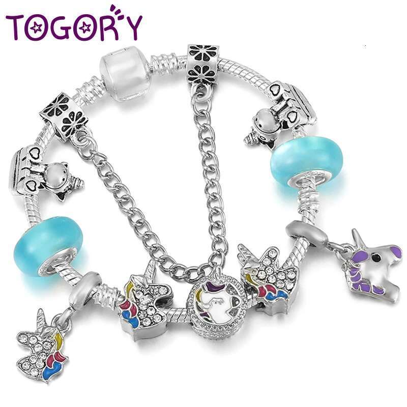 Animal Series Cute Unicorn Pendant Charm Bracelet With Blue Glass Beads Bracelets Bangles For Women Kids Jewelry Gift Pulseras