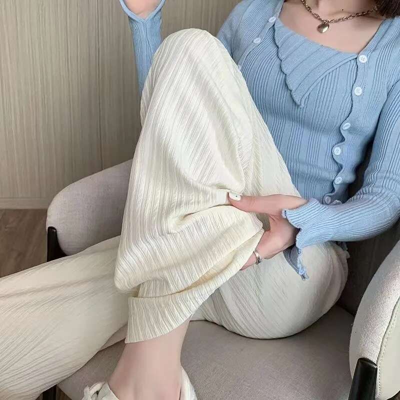 2024 Spring Summer Ice Silk Wide Leg Pants For Women Korean Thin Chiffon High Waist Saggy Loose Straight Casual Fashion Trousers