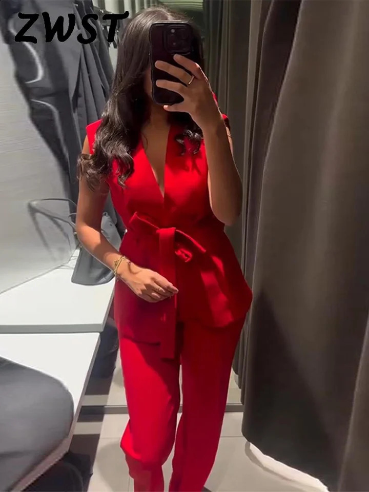 Red lace up vest pants set for womens elegant Vneck sleeveless high waisted Trouser 2025 summer 2piece 250319