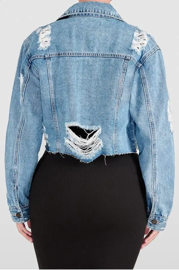 Womens Denim Coat Short Coats Hole Turn Down Collar Jackets Single Breasted Y2k Streetwear Open Stitch Outerwear Spring Casual 250319