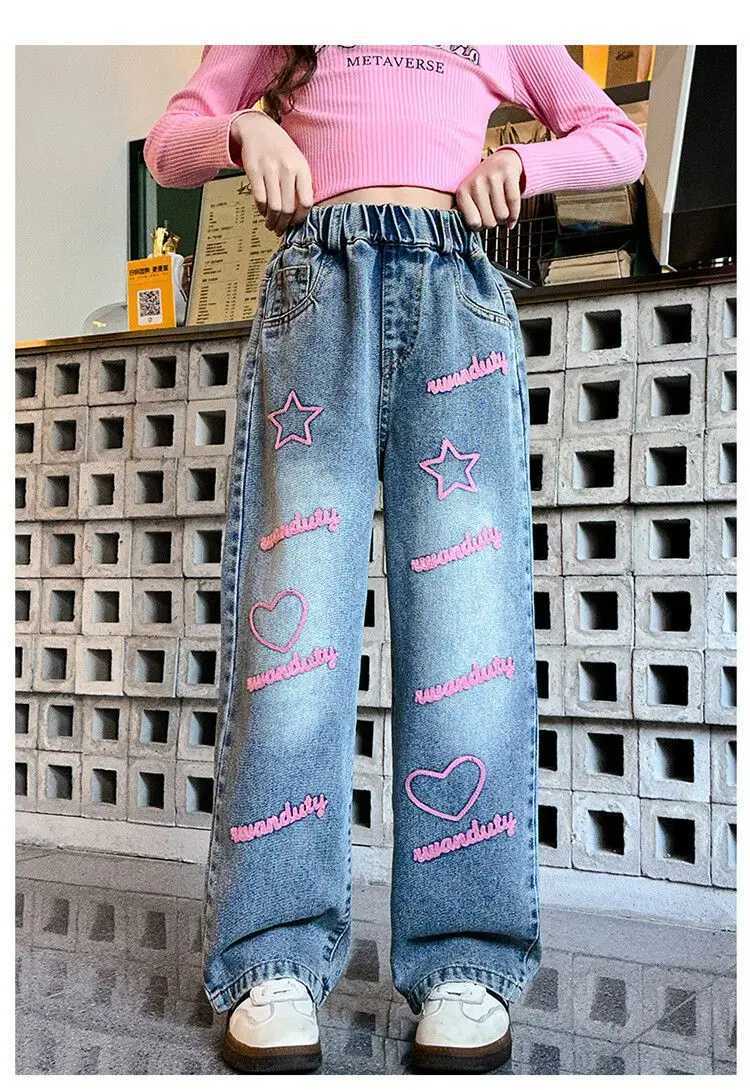 Girls Korean casual jeans childrens embroidered celebrity loose wide leg pants childrens pantsT250326