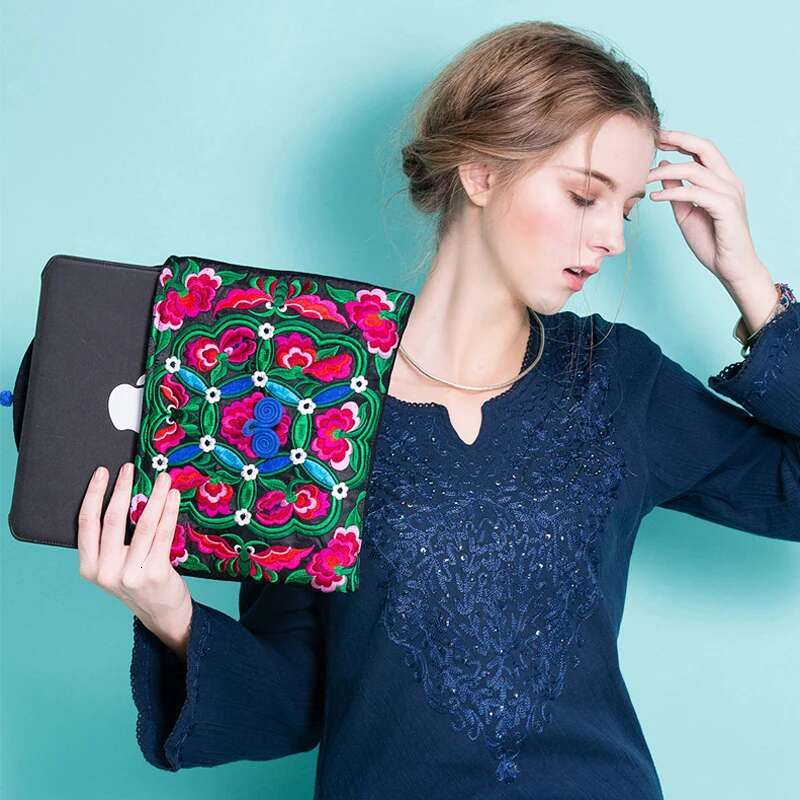 Double Embroidered Women's Fashion Day Clutch Party Bag Canvas Storage Bags Vintage Ipad Protective Sleeve