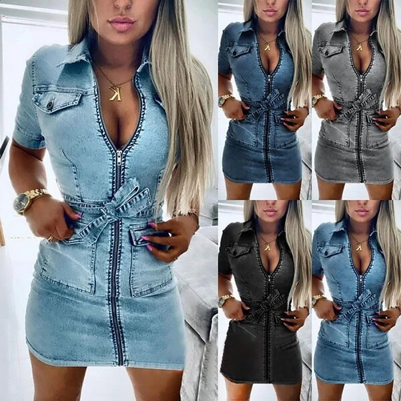 Women Fashion Short Sleeve Denim Dress Front Zipper Bandage Jeans Bodycon Pockets Dresses Ladies Lapel Slim Mini Dress 250319