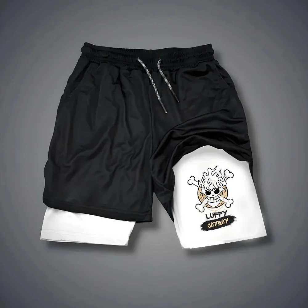 New Muscle Fitness Exercise Vacation Two Men Running Leisure Double layer Cartoon Printed Shorts Training Fast Drying Anti leakage W250319