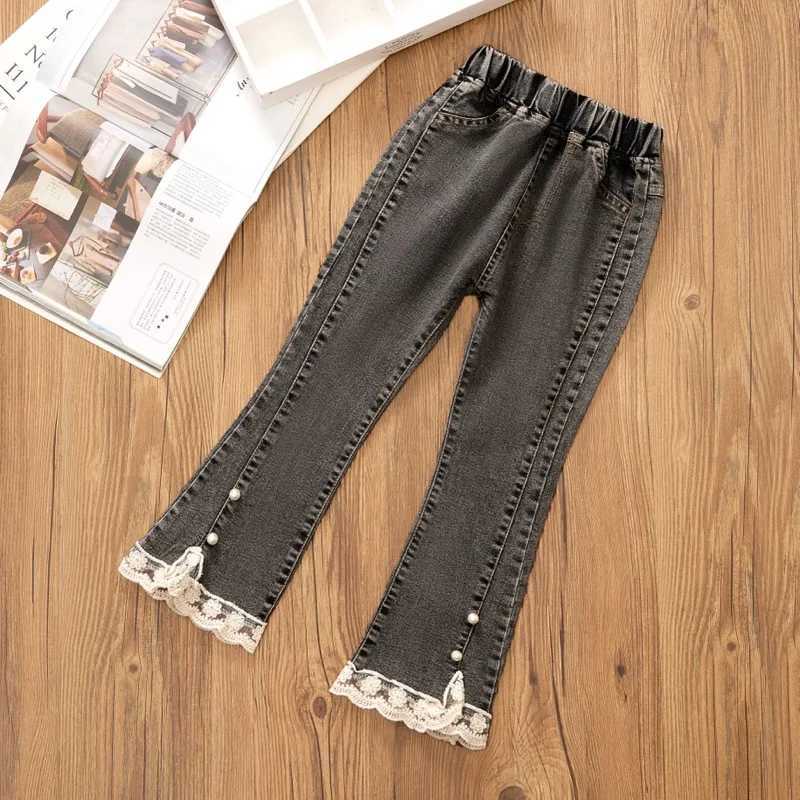 New fashion teenage girl jeans pants beads lace denim girl Trousers childrens stretch waist solid pants casual bell bottomsT250326