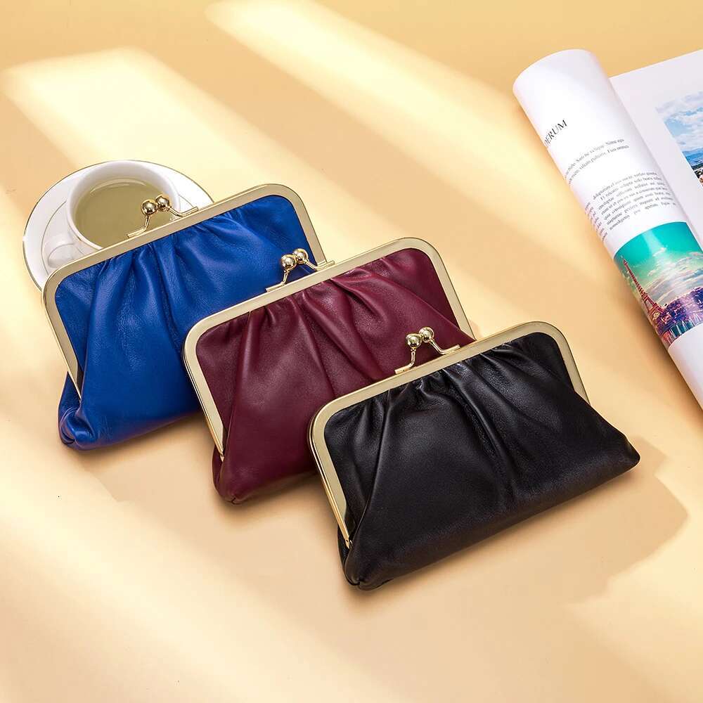 2021 New Women Genuine Leather Clutch Wallet Cell Phone Purse Fashion Kiss Lock Evening Bag With Chain Shoulder Belt