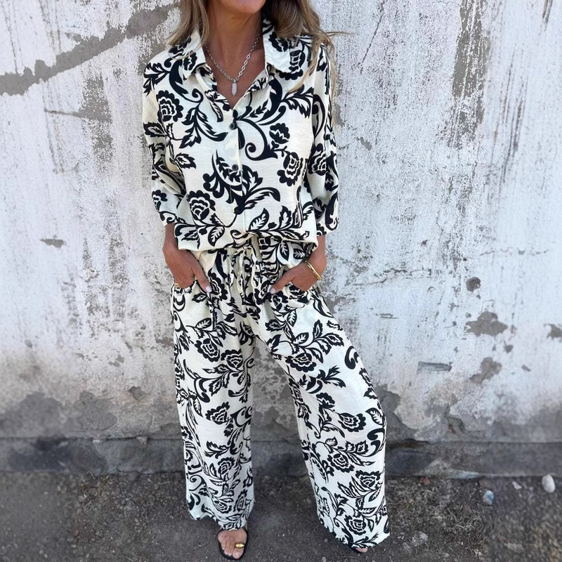 New Casual Women's Printed Two-Piece Shirt And Pants Set For Women