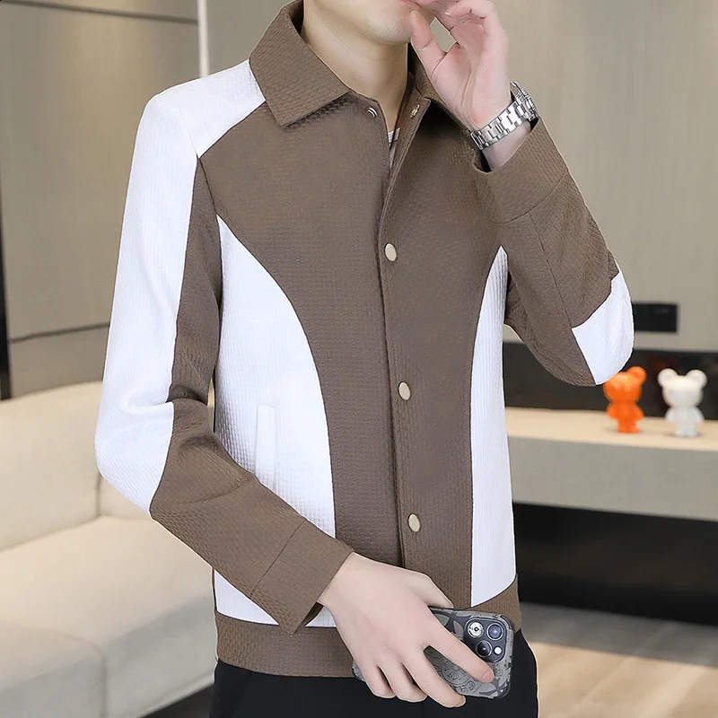 spring and autumn mens boutique handsome casual color matching lapel jacket youth fashion trend coat top 250317