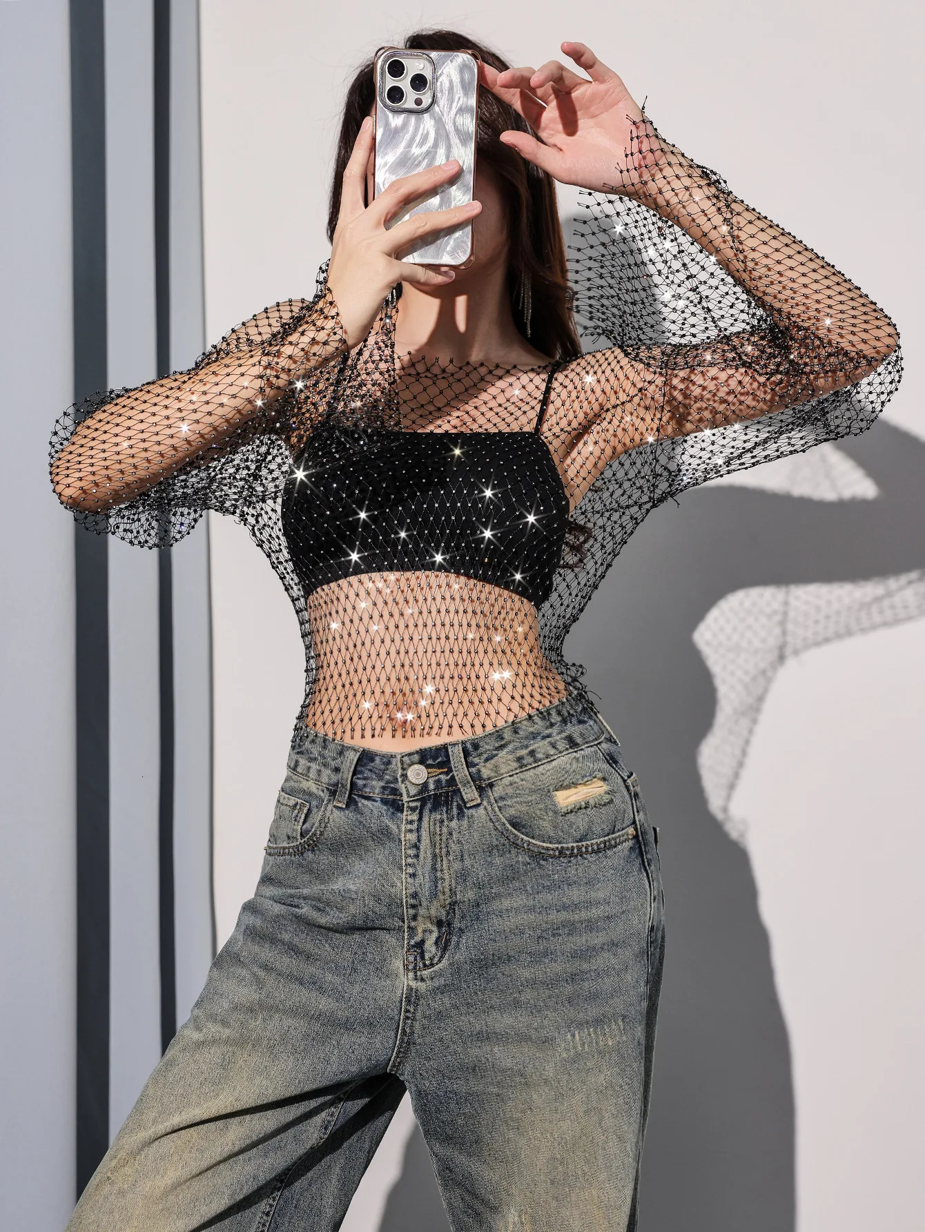 Crystal Diamond Fishnet T-Shirt Women Sexy See Through Y2K Long Sleeve Crop Top Club Festival Rave Party Streetwear Tops 250320