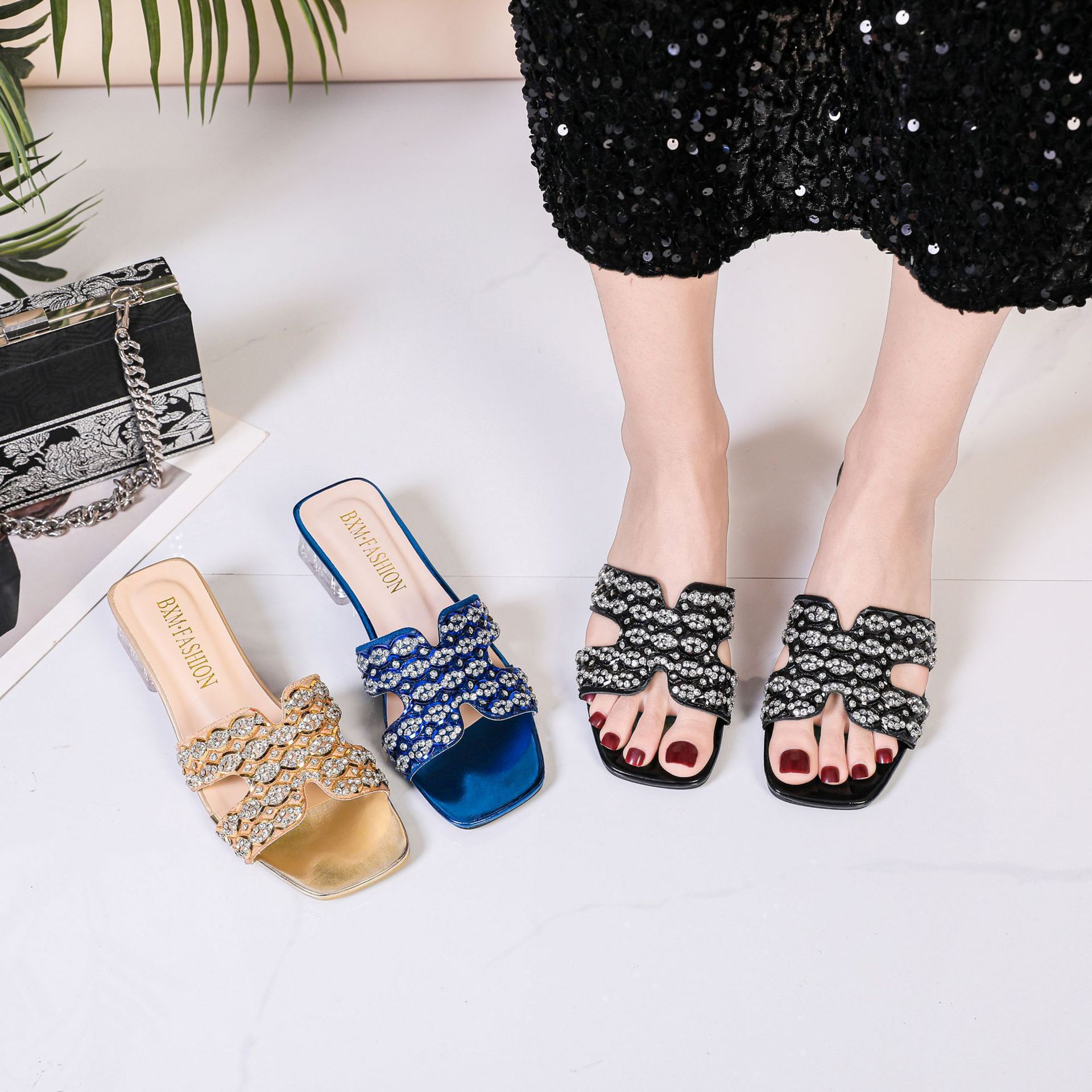 Designer Slippers 2025 New Sandal Diamond Shaped High-heeled Slippers For Women's Spring Square Toe Fashion Women's Sandals Trendy Outdoor H