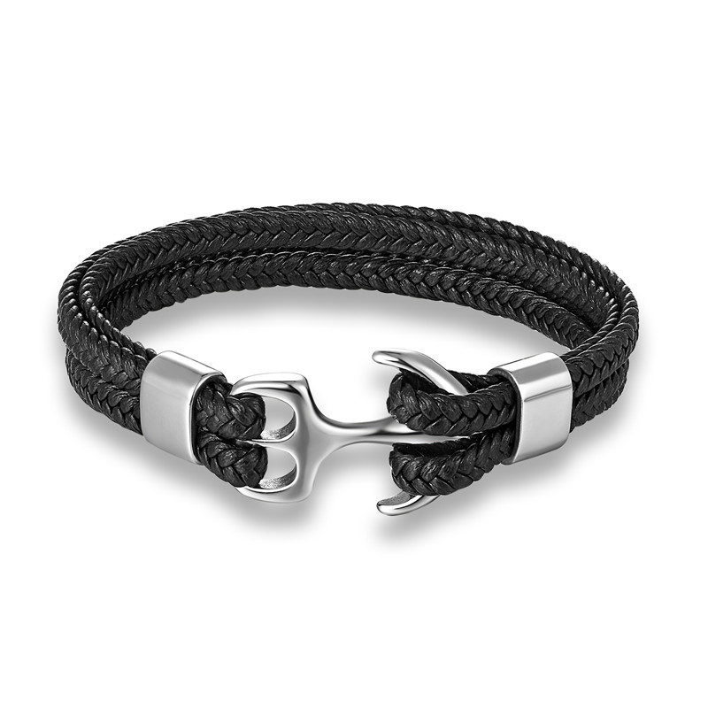 Stylish Men's Black Braided Leather Bracelet Featuring Anchor Motif in Titanium Steel