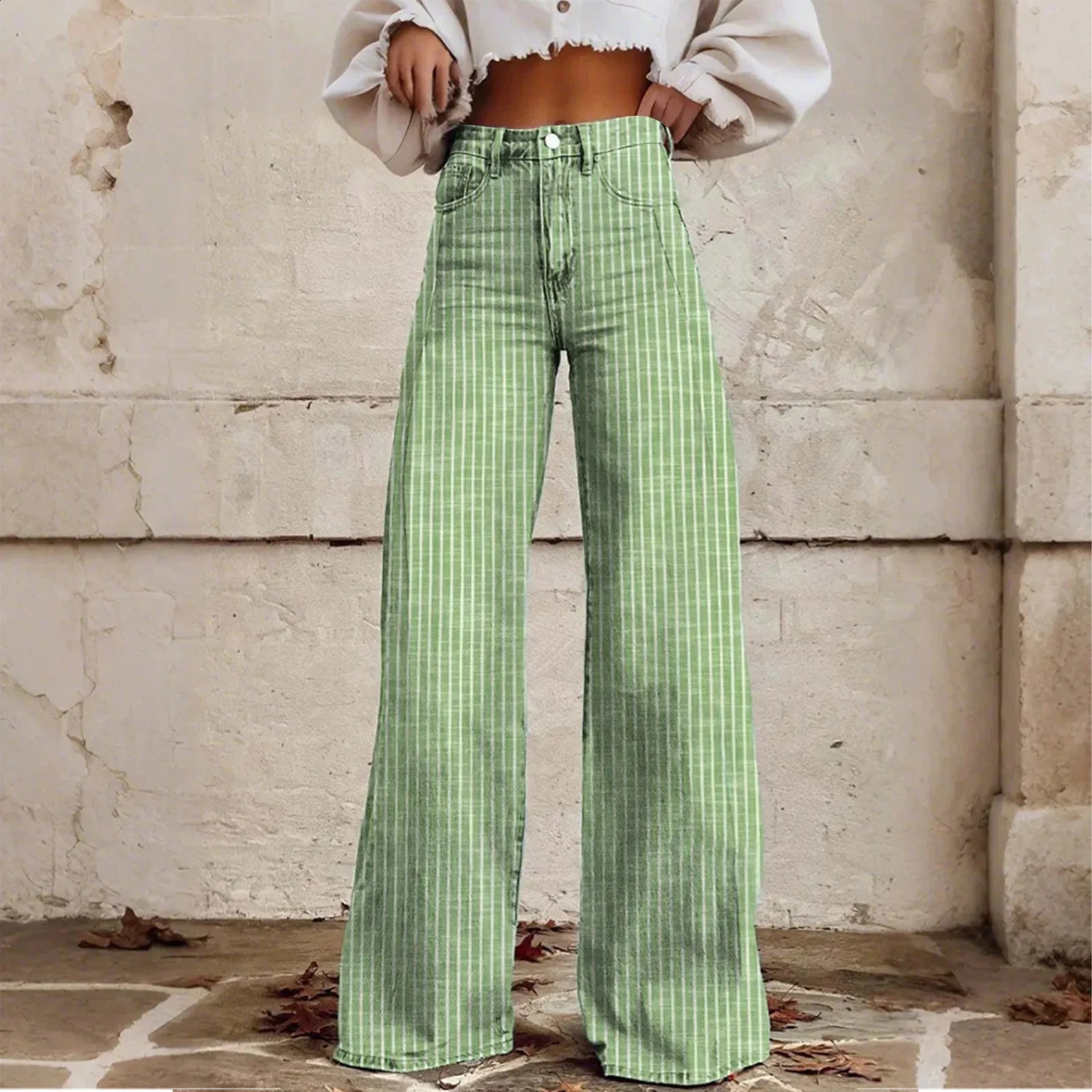Women Bootcut Jeans Fashion Trendy Color Striped Wide Leg Straight Leg Mopping Pants Casual Street Style All-Match Denim Pants 250319