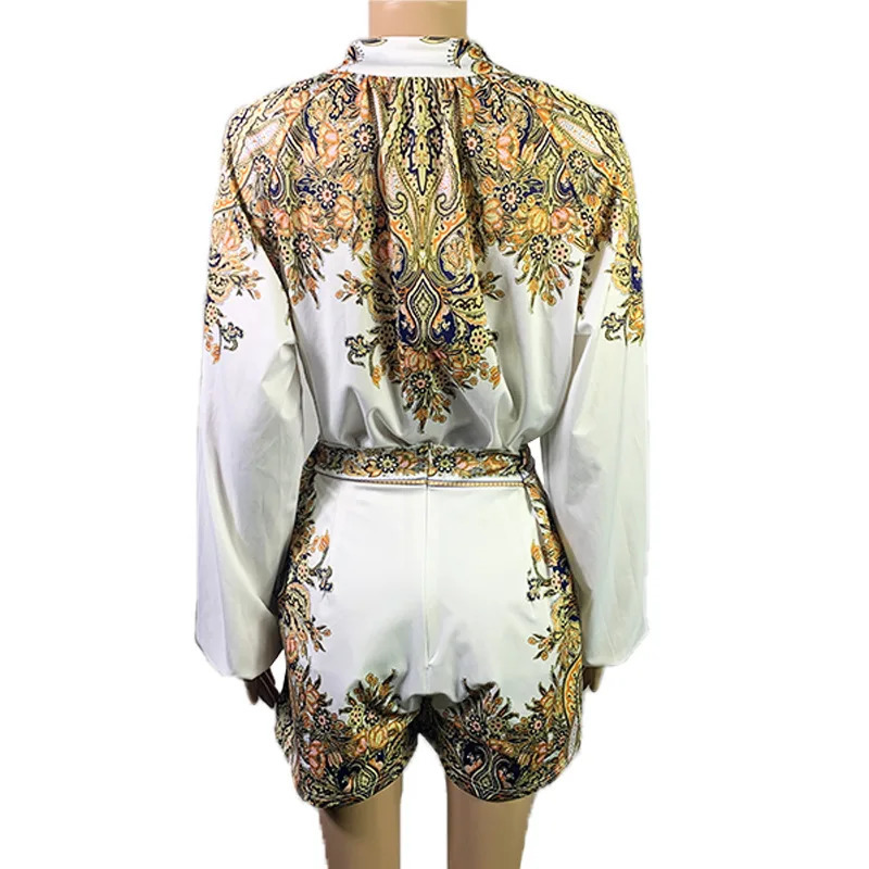Vintage long sleeved shirt and shorts 2piece pocket set elegant office ladies autumn printed 250320