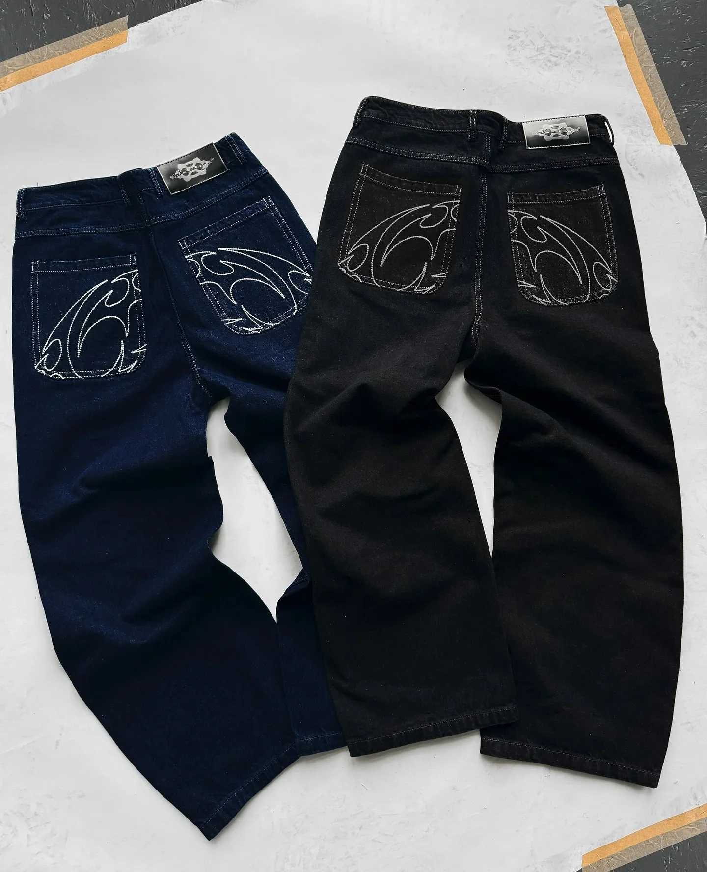 2024 New American Retro Decorative Embroidered Pocket Black Jeans Mens Y2K Gothic Hip Hop Straight Denim PantsT250319