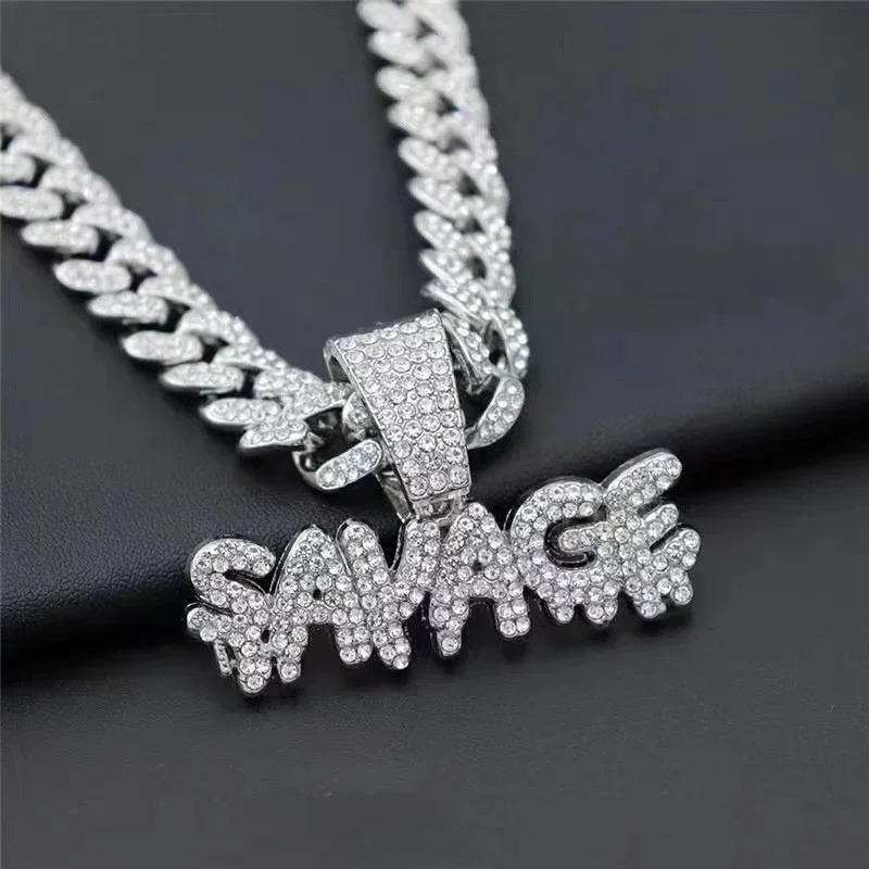 Hip Hop Bling Crown Letter Savage Pendant Necklace With 13mm Cuban Chain Iced Out Statement Neck Jewelry Drop 250320