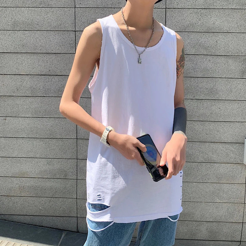 Summer ripped hole O-neck mens vest black and white camel hip-hop punk street fashion ultra-fine sleeveless T-shirt sports vest 250318