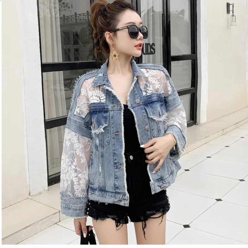 #3102 Spring Spliced Lace Short Jeans Jackets Womens Coat Loose Perspective Denim Jacket Women Long Sleeves Sexy Hollow Out 250319