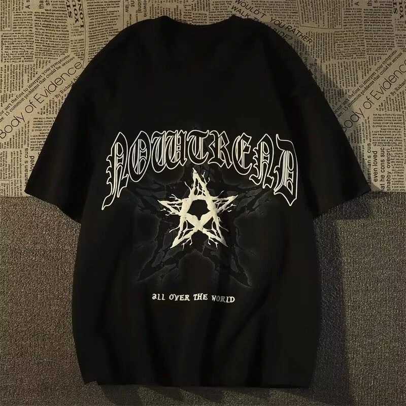 Heavy Cotton American Retro Star Short Sleeve T-shirt Men and Womens Fashion Brand Large Size Loose Half Sleeve Couple TopT250320
