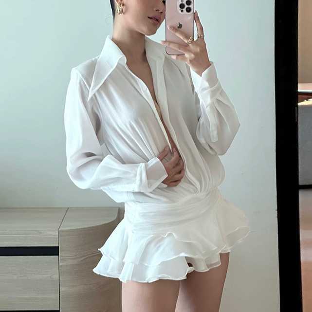 Spring Fashion Trendy Women's New Style Flip Collar V-neck Trumpet Sleeves Mesh Slimming Dress 250315