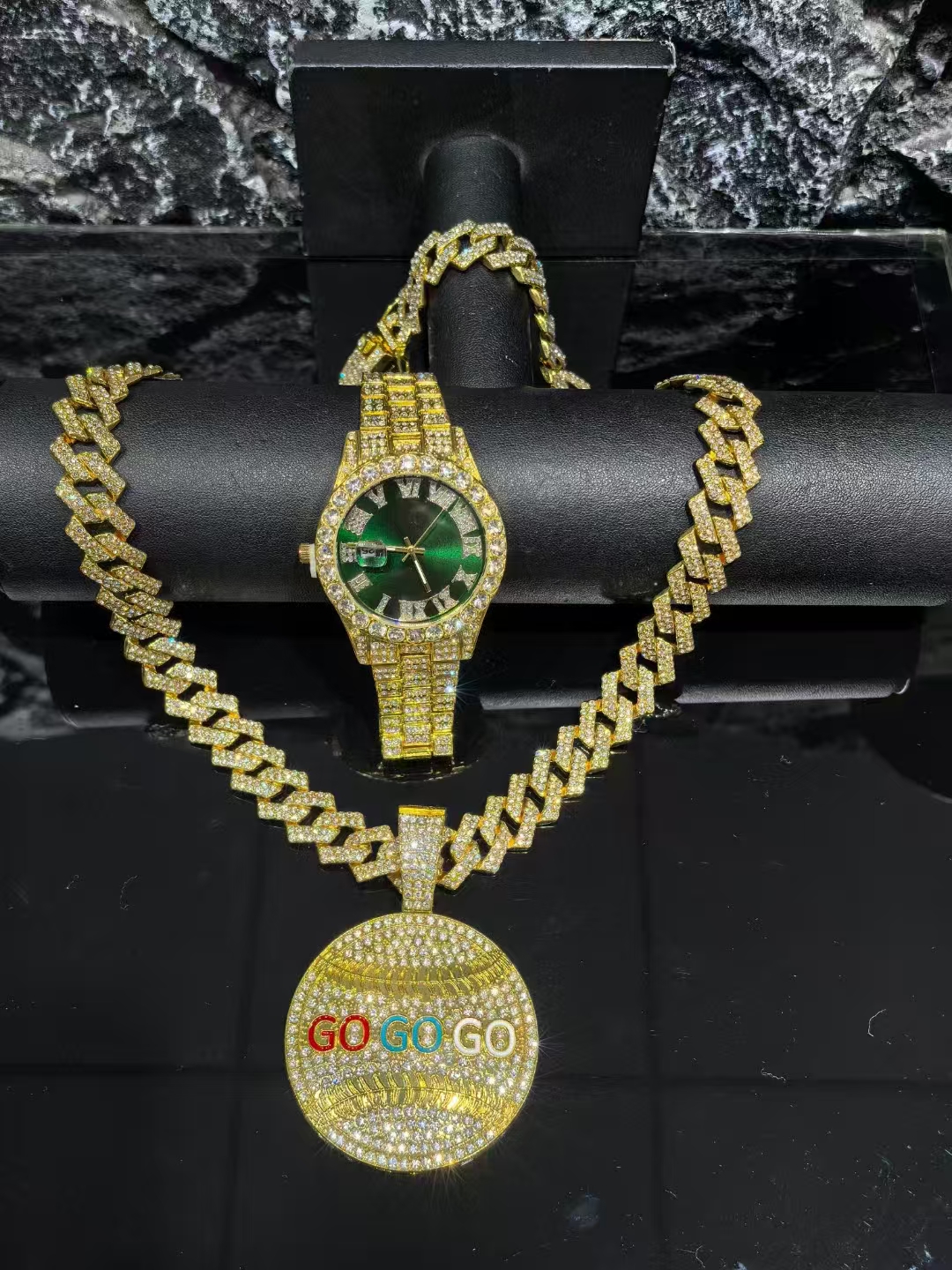 New explosive men Moissanite Cuban necklace fashion jewelry set, hipster men nightclub Cuban chain