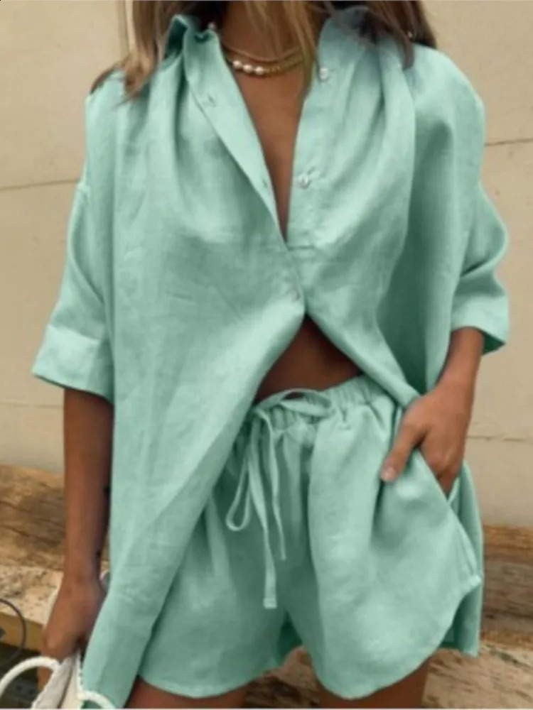 Casual Cotton Solid Color Sets Women Short Sleeve Loose Shirt Wide Leg Shorts Two Piece Set Woman Suits Summer Outfits 250318