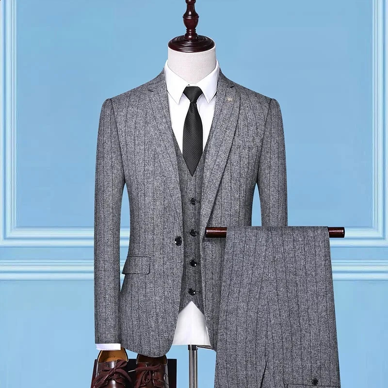 High Quality suit Vest Trousers Single Button Fashion Business Vertical Stripe Gentleman Suit Korean Threepiece 250311