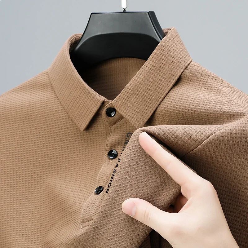 Mens Waffle Long Sleeved POLO Shirt with Letter Printed Lapel Casual Top 250319