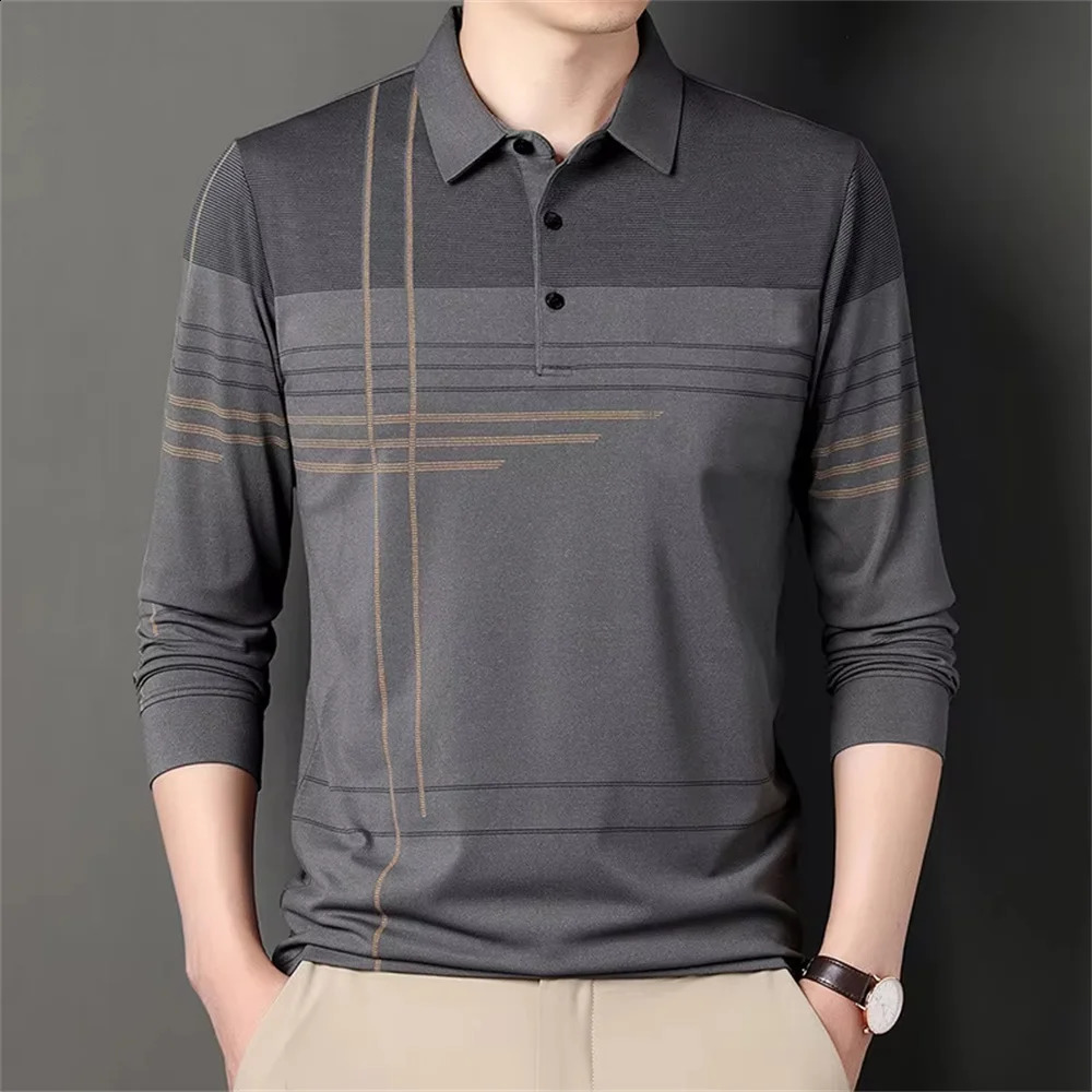 Mens Business Casual Long Sleeved Shirt Solid Color Polo Shirt Fashionable Breathable Comfortable Versatile Top 250319
