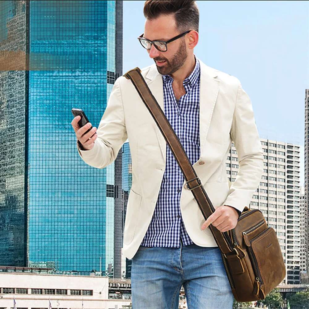 Genuine Messenger Bag Men Casual Man Purse Crossbody Bags For Work Business Vintage Crazy Horse Leather Shoulder Bag