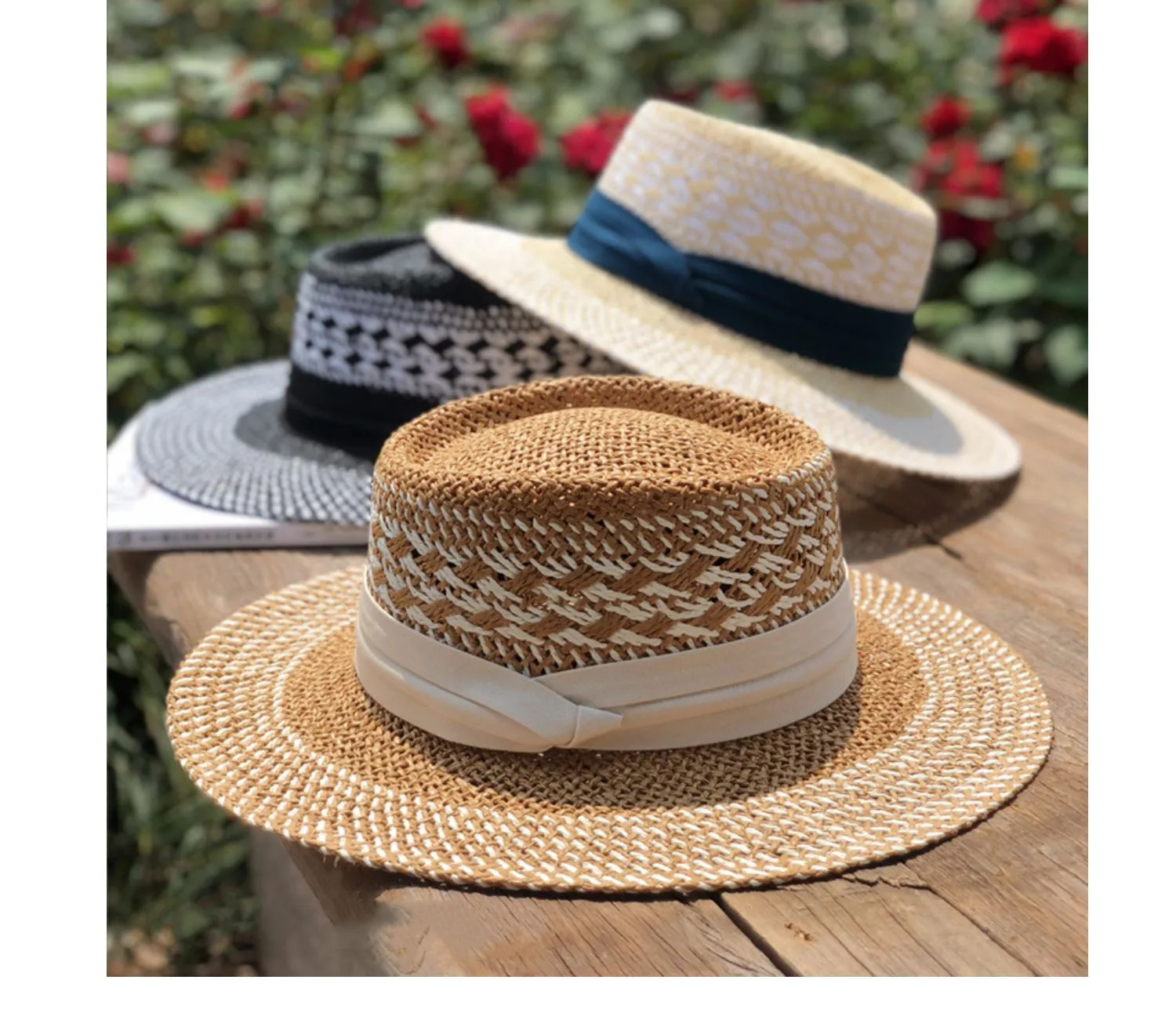 bohemian flat brim hat hand woven straw hat ladies summer vacation travel sun hat 250320