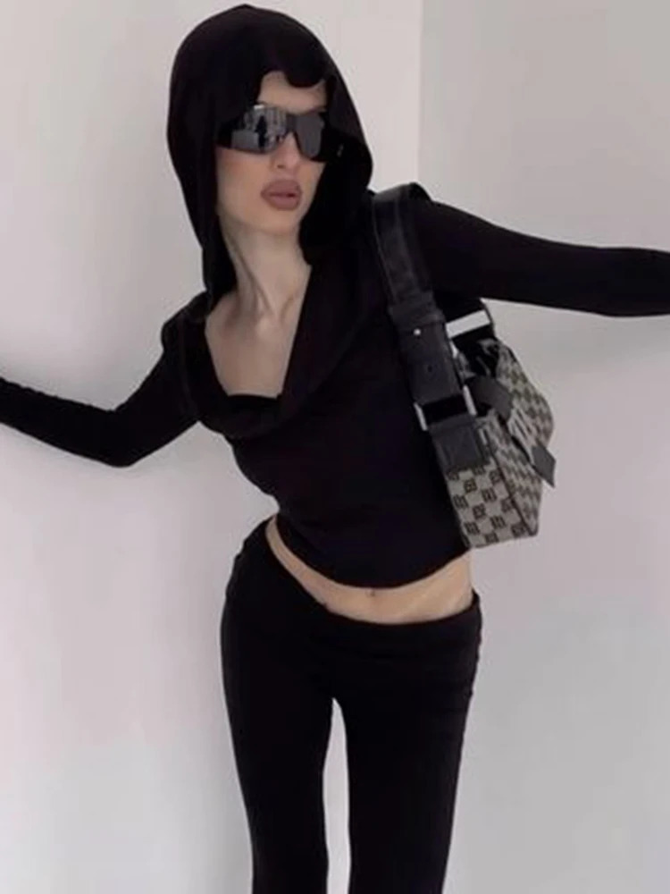 IAMSURE Elegant Fashion Gothic Solid Hooded Cropped T Shirt Dark Slim Slash Neck Long Sleeve Tees Women Summer Streetwear 250320